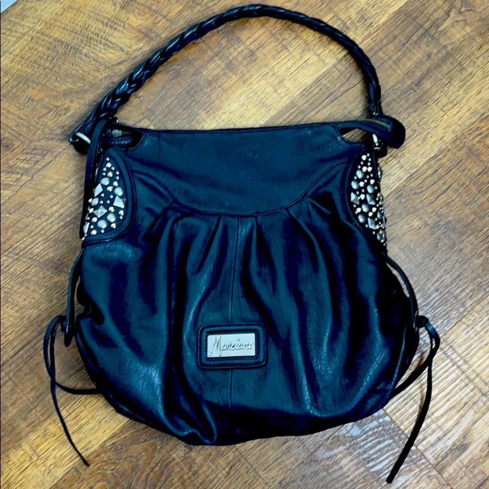 Marciano Black Leather Studs Large Hobo Bag
